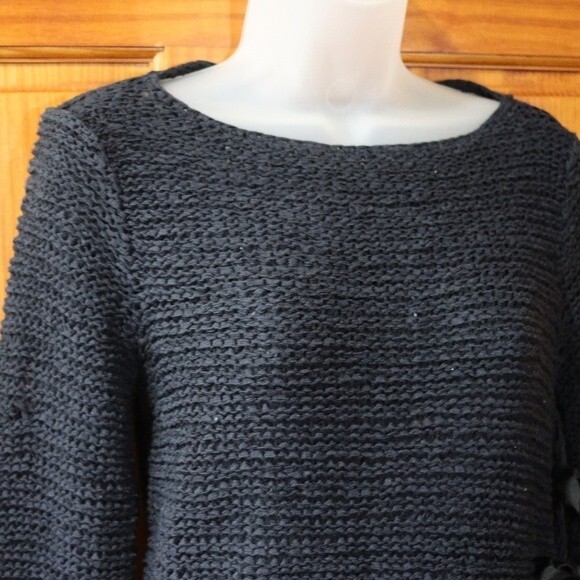 Anne Klein Black Open Weave Knit Sweater With Tie Side LG - Picture 3 of 14